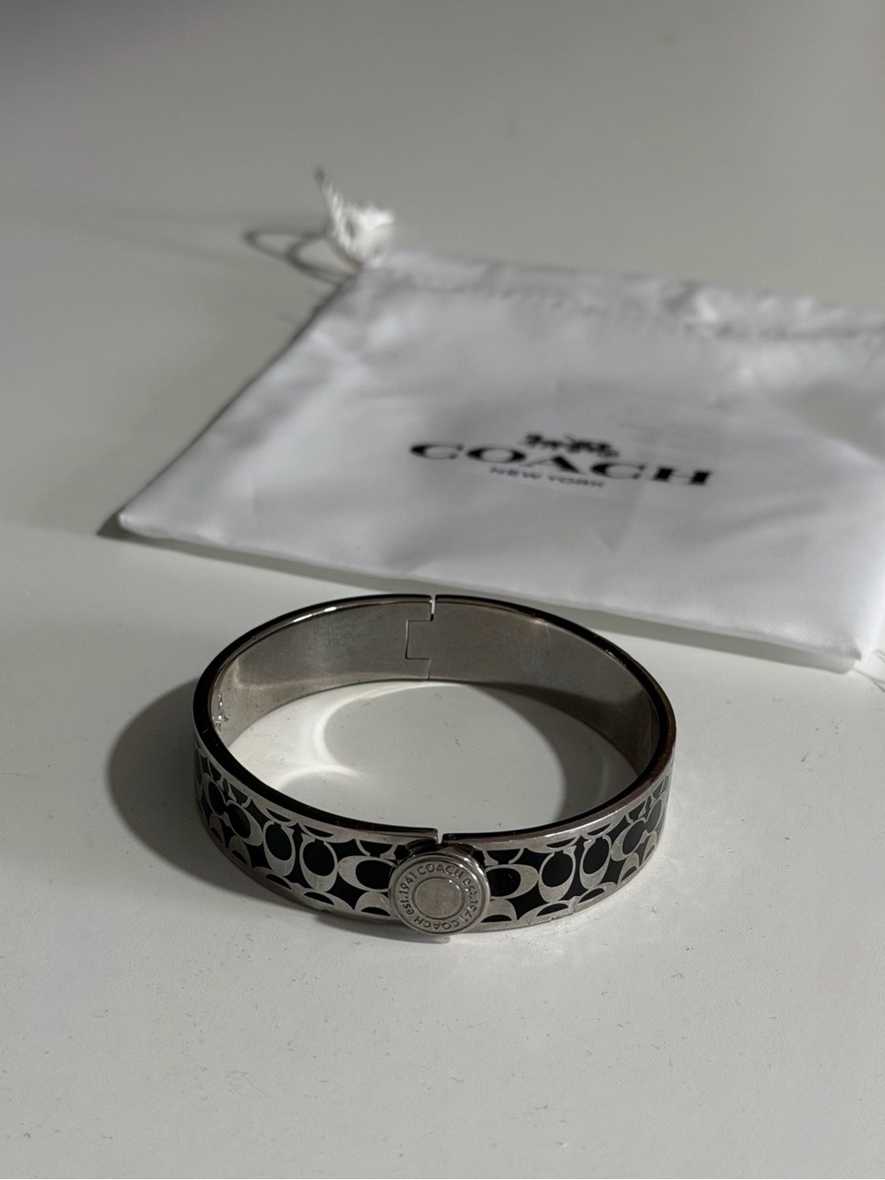 Coach Black and Silver Signature Enamel Bangle Bracelet